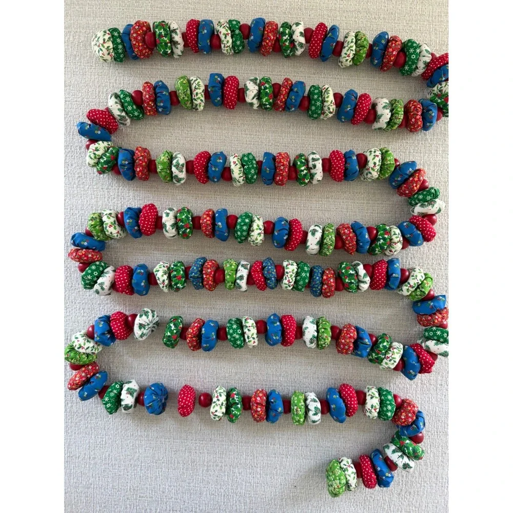 Vtg Handmade Christmas Decor Fabric Garland Stuffed Cloth Beads 152